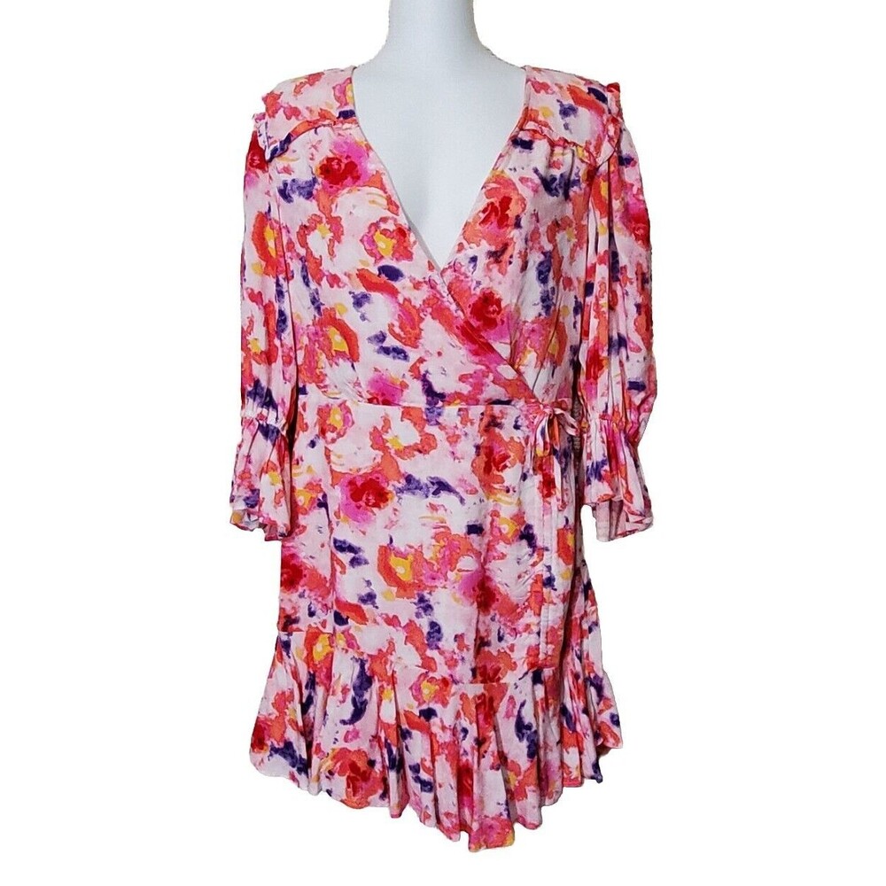 Betsey Johnson Dress Womens 8 Pink Floral Rose Bell Poet Sleeve Mini Faux Wrap